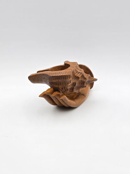 The Shell With Ashtray Design Inside Woman Hand. Beautiful Handmade Wooden Art.