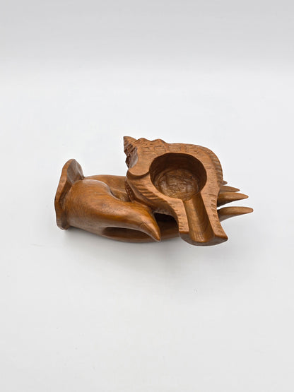 The Shell With Ashtray Design Inside Woman Hand. Beautiful Handmade Wooden Art.