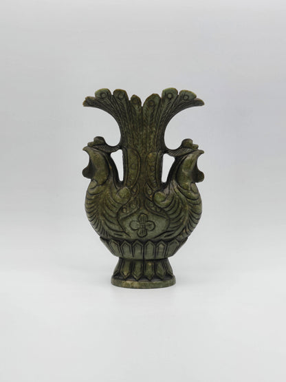 Antique Green Stone Hand Carved Vase With Dynasty Double Phoenix Birds