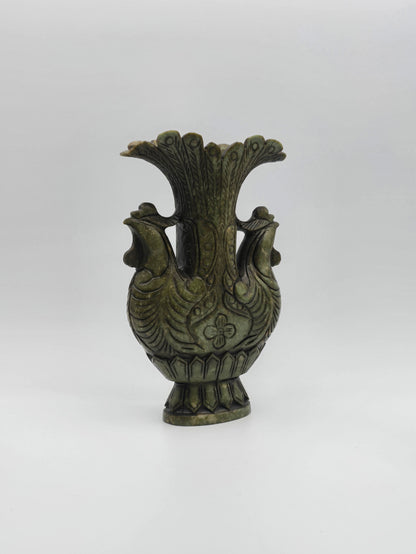 Antique Green Stone Hand Carved Vase With Dynasty Double Phoenix Birds