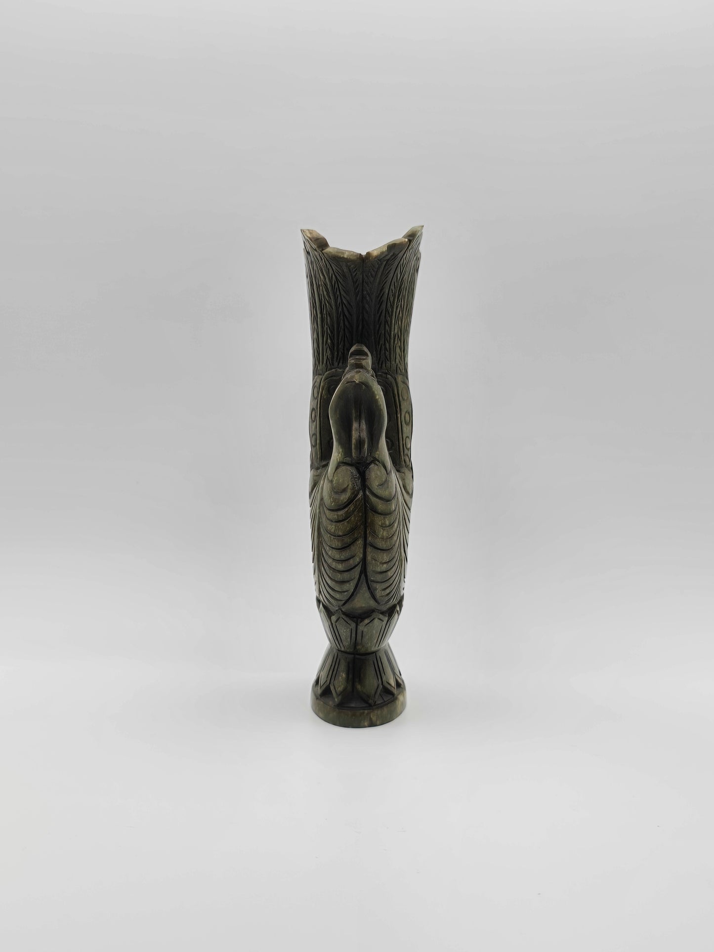 Antique Green Stone Hand Carved Vase With Dynasty Double Phoenix Birds