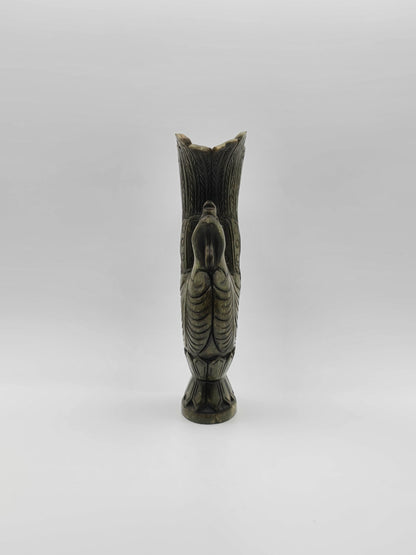 Antique Green Stone Hand Carved Vase With Dynasty Double Phoenix Birds