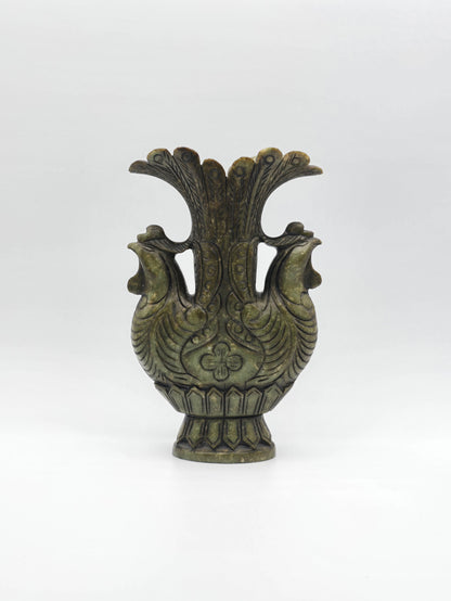 Antique Green Stone Hand Carved Vase With Dynasty Double Phoenix Birds