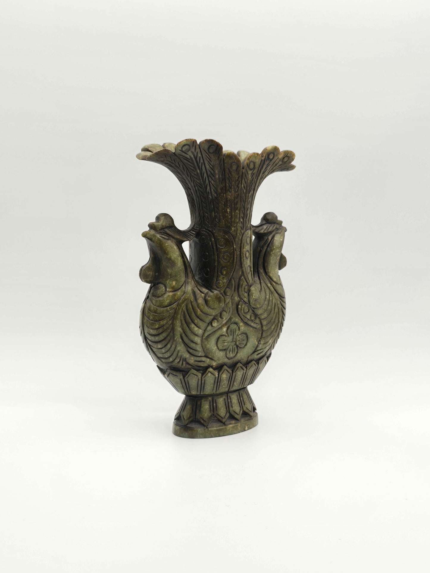 Antique Green Stone Hand Carved Vase With Dynasty Double Phoenix Birds