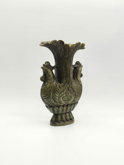 Antique Green Stone Hand Carved Vase With Dynasty Double Phoenix Birds