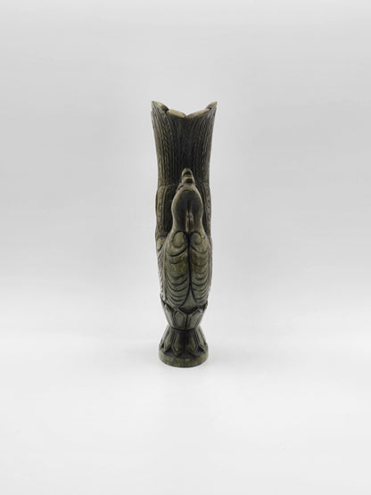 Antique Green Stone Hand Carved Vase With Dynasty Double Phoenix Birds