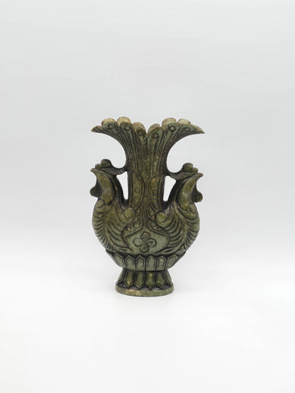 Antique Green Stone Hand Carved Vase With Dynasty Double Phoenix Birds