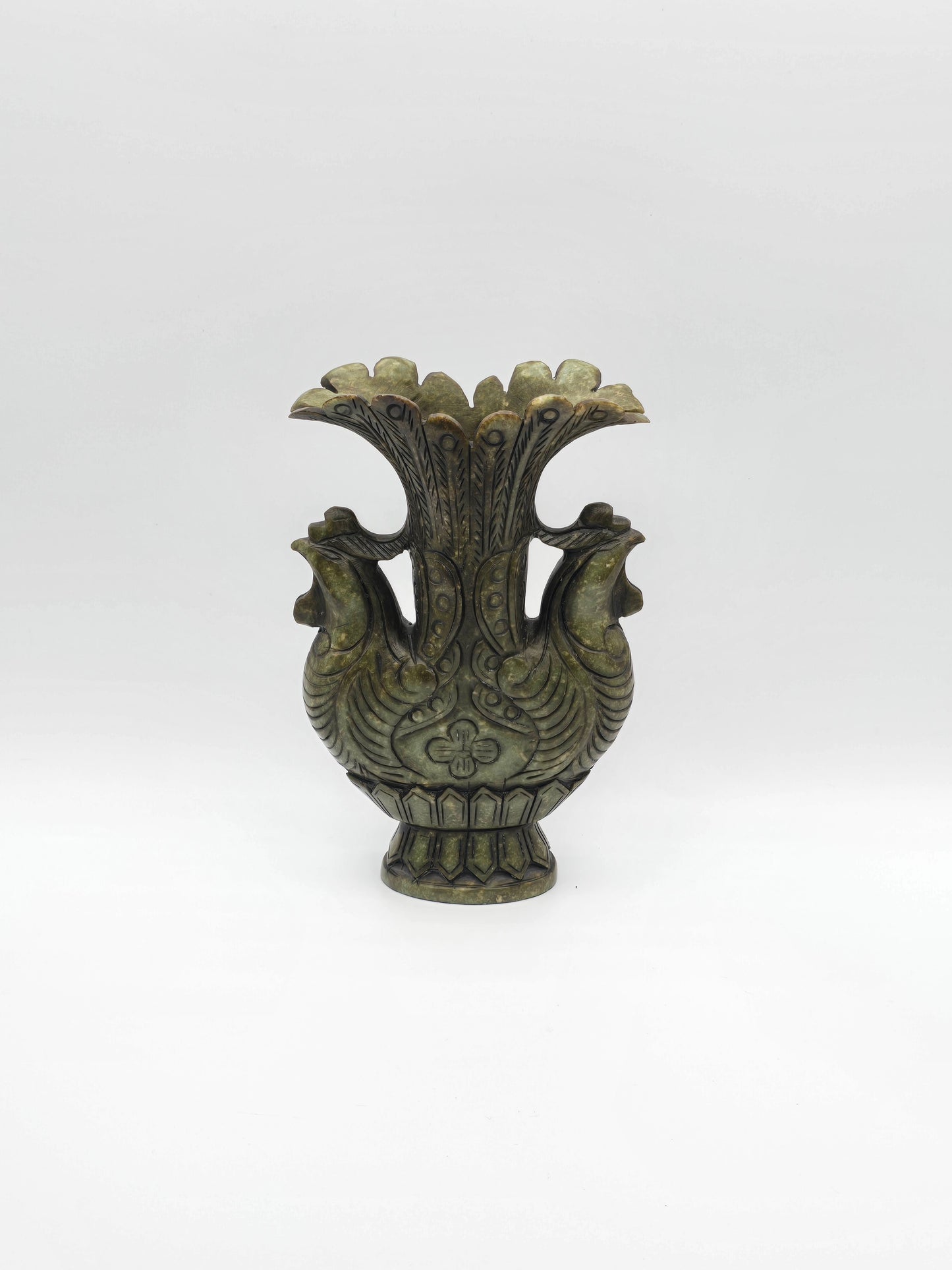 Antique Green Stone Hand Carved Vase With Dynasty Double Phoenix Birds