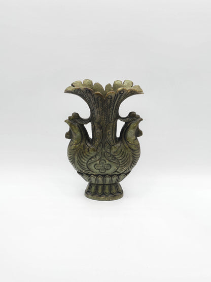Antique Green Stone Hand Carved Vase With Dynasty Double Phoenix Birds