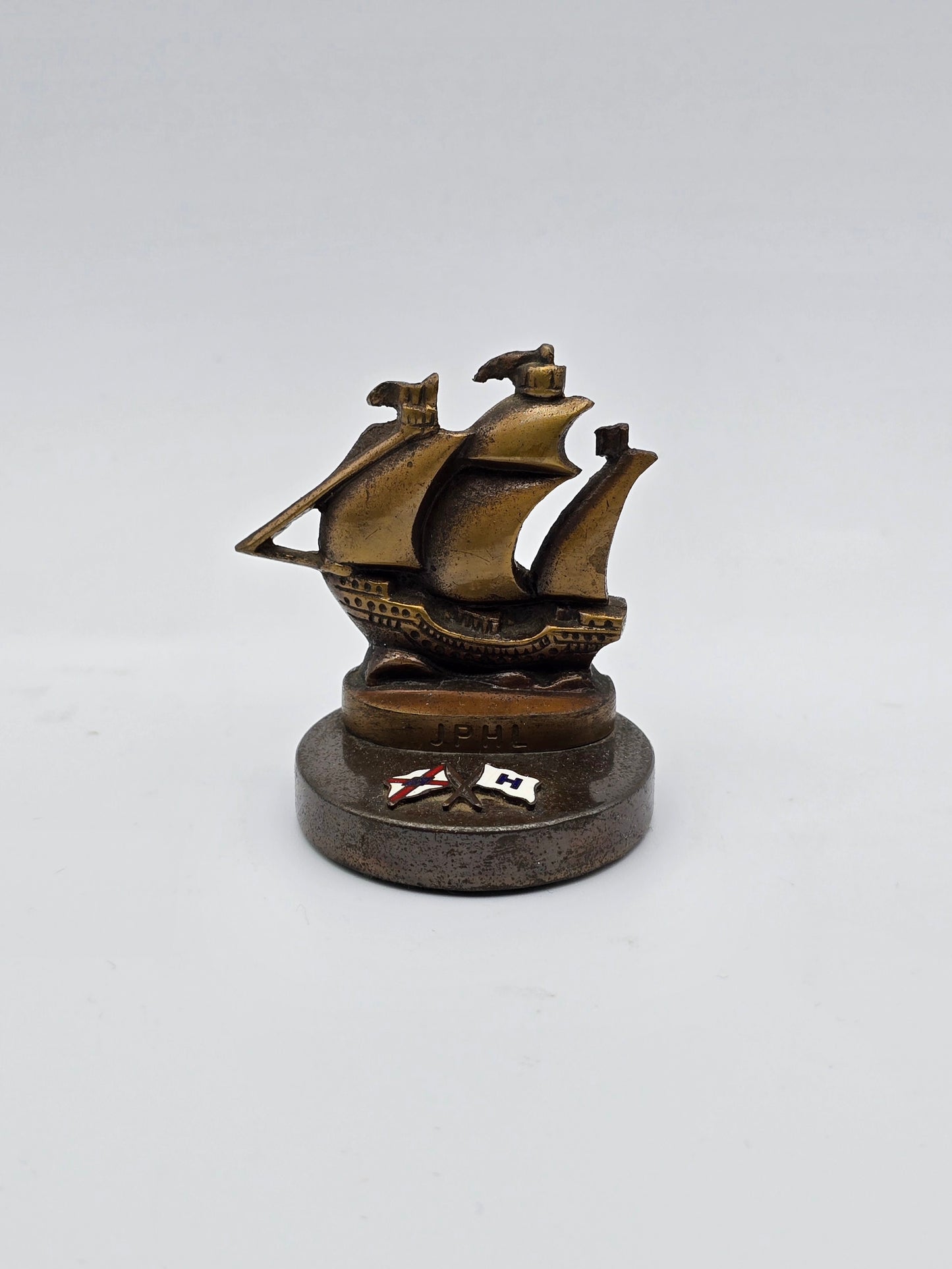 Vintage Java Pacific and Hoegh Lines Enameled Bronze Ship Paperweight.