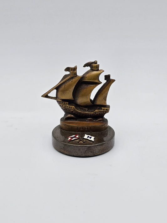 Vintage Java Pacific and Hoegh Lines Enameled Bronze Ship Paperweight.
