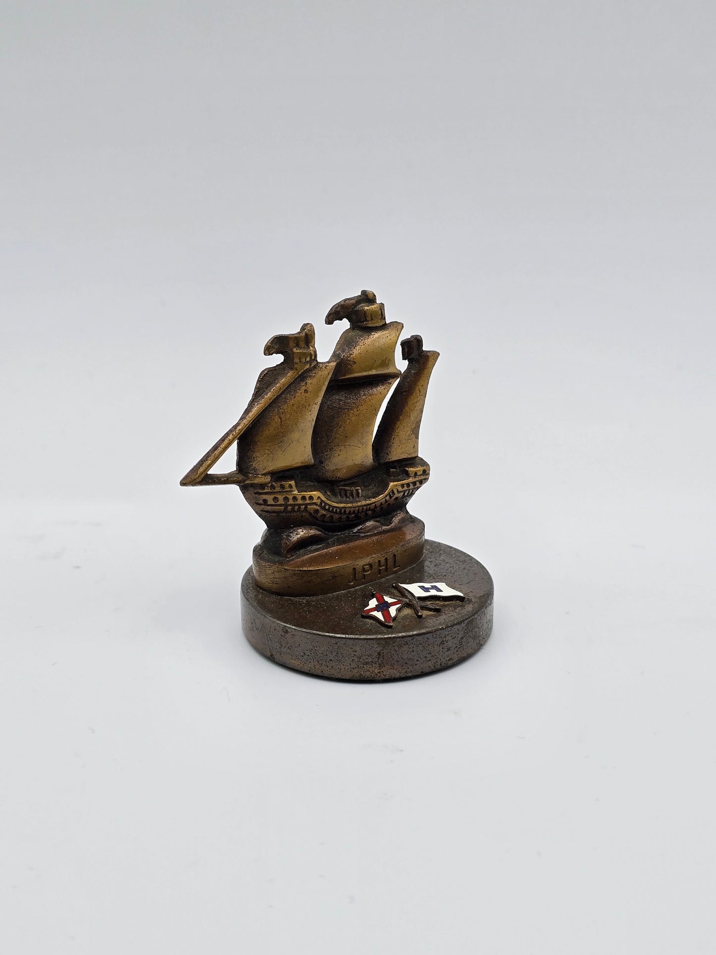 Vintage Java Pacific and Hoegh Lines Enameled Bronze Ship Paperweight.