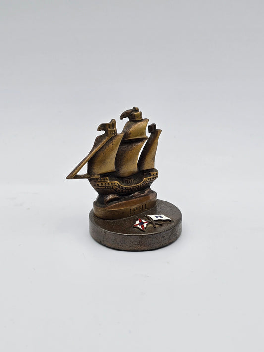 Vintage Java Pacific and Hoegh Lines Enameled Bronze Ship Paperweight.