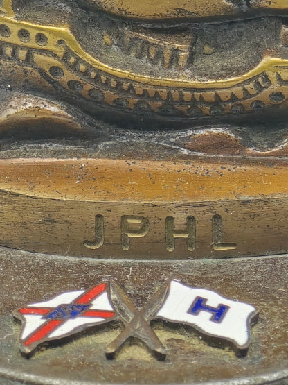 Vintage Java Pacific and Hoegh Lines Enameled Bronze Ship Paperweight.