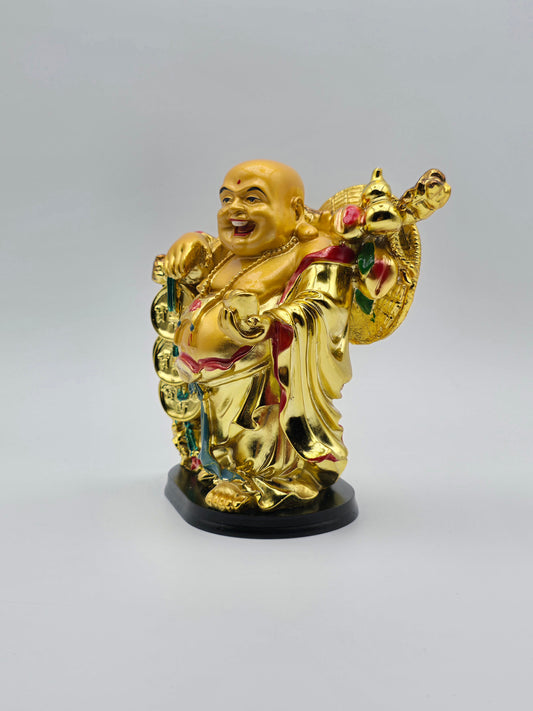 Feng Shui Gold Color Laughing Happy Buddha Holding Ingot Decorative Statue