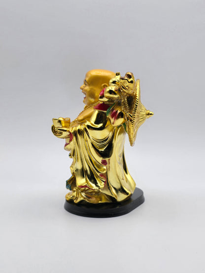 Feng Shui Gold Color Laughing Happy Buddha Holding Ingot Decorative Statue