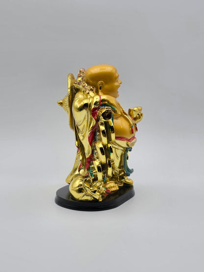 Feng Shui Gold Color Laughing Happy Buddha Holding Ingot Decorative Statue