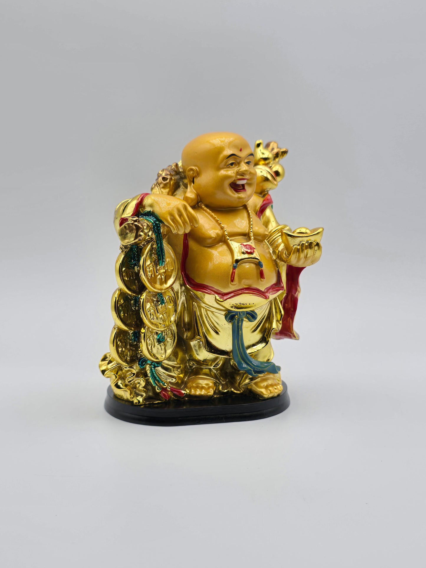 Feng Shui Gold Color Laughing Happy Buddha Holding Ingot Decorative Statue