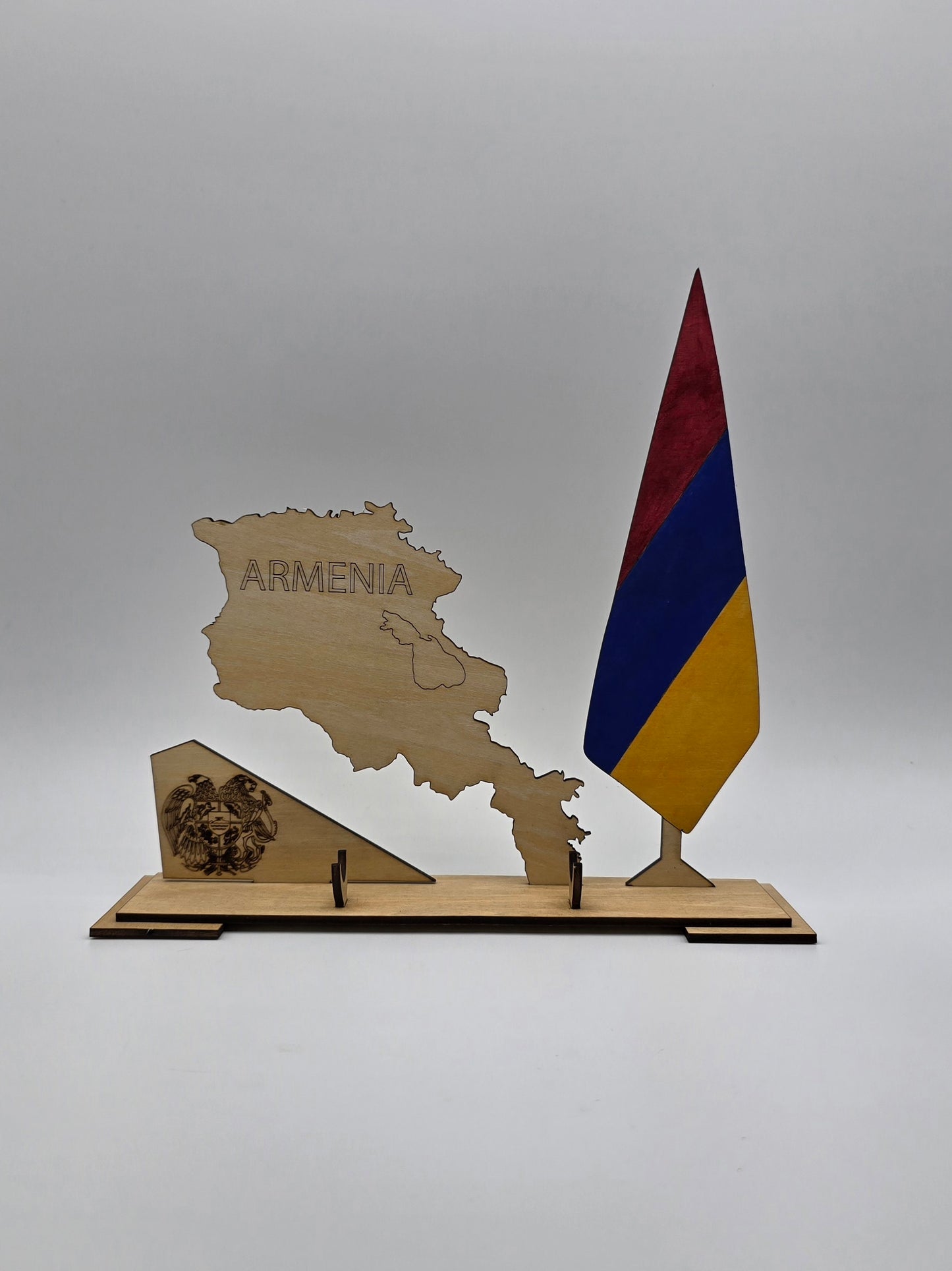Armenia Desk Set – Wooden Map, Flag & Pen Holder with Engraved Coat of Arms