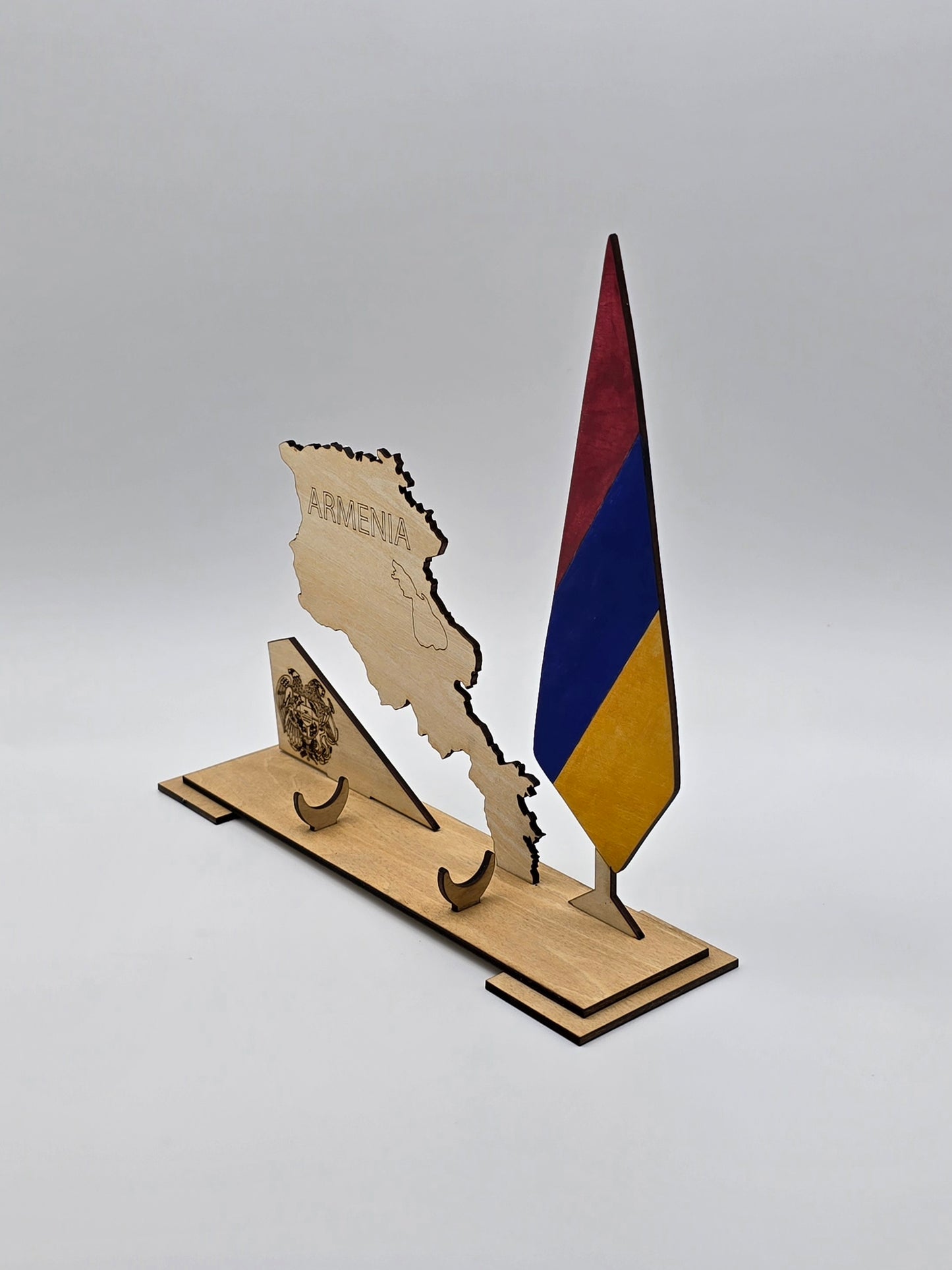 Armenia Desk Set – Wooden Map, Flag & Pen Holder with Engraved Coat of Arms