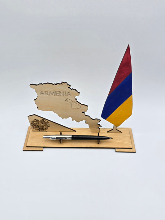Armenia Desk Set – Wooden Map, Flag & Pen Holder with Engraved Coat of Arms
