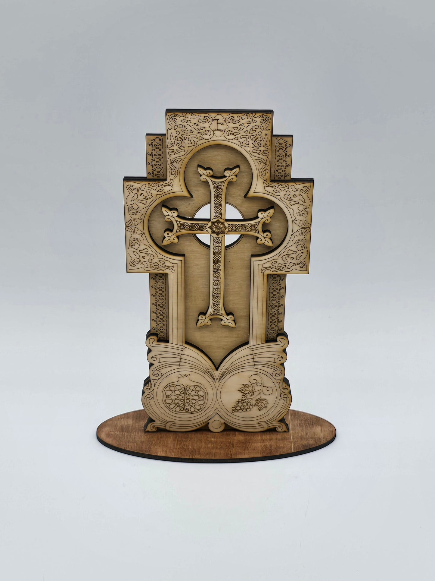 Handcrafted Armenian Wooden Khachkar Cross – Intricate Laser-Engraved Design