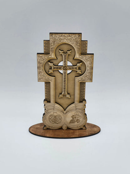Handcrafted Armenian Wooden Khachkar Cross – Intricate Laser-Engraved Design