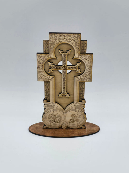 Handcrafted Armenian Wooden Khachkar Cross – Intricate Laser-Engraved Design