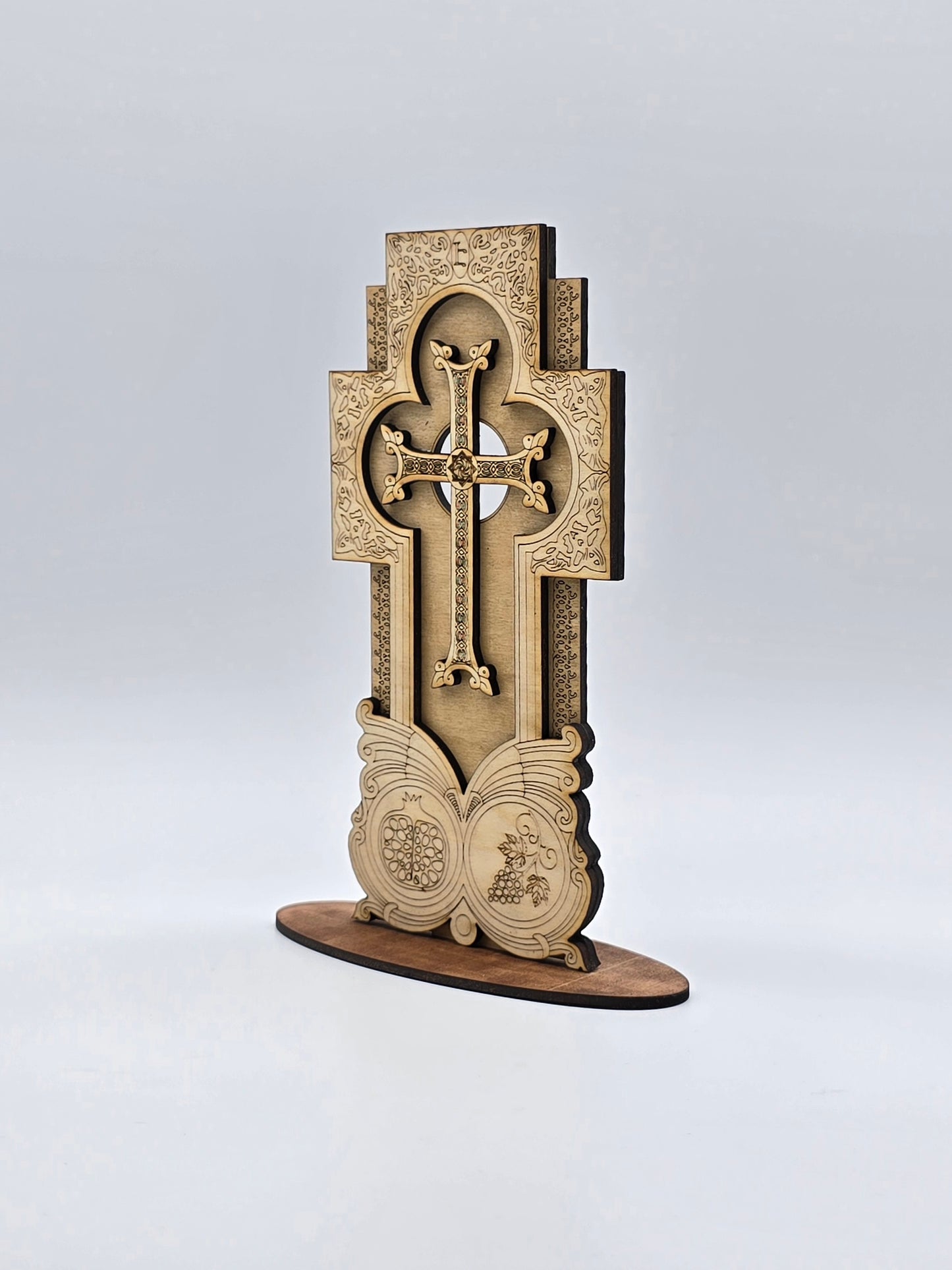 Handcrafted Armenian Wooden Khachkar Cross – Intricate Laser-Engraved Design