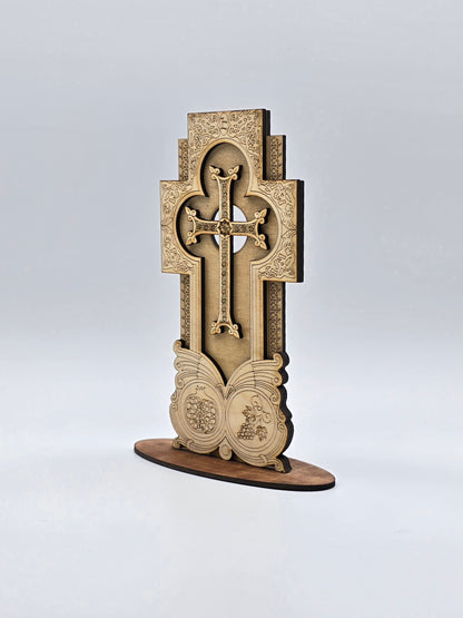Handcrafted Armenian Wooden Khachkar Cross – Intricate Laser-Engraved Design