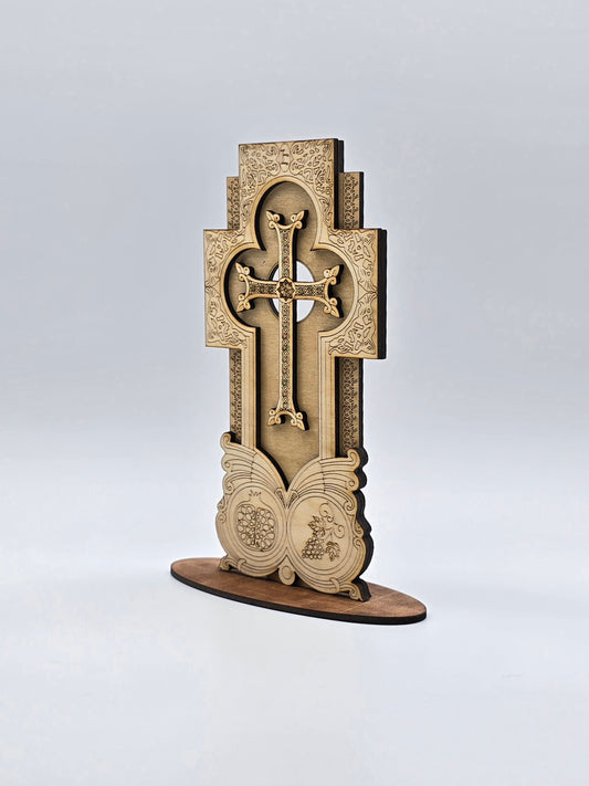 Handcrafted Armenian Wooden Khachkar Cross – Intricate Laser-Engraved Design