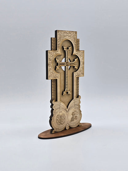 Handcrafted Armenian Wooden Khachkar Cross – Intricate Laser-Engraved Design