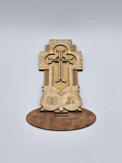 Handcrafted Armenian Wooden Khachkar Cross – Intricate Laser-Engraved Design