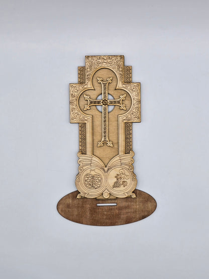 Handcrafted Armenian Wooden Khachkar Cross – Intricate Laser-Engraved Design