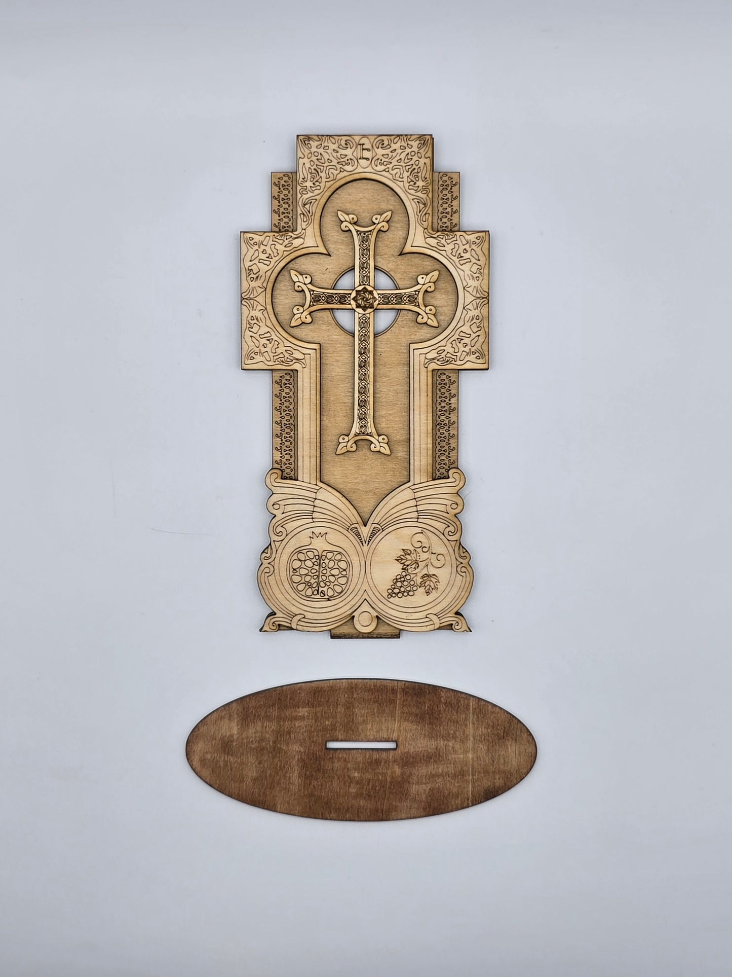 Handcrafted Armenian Wooden Khachkar Cross – Intricate Laser-Engraved Design
