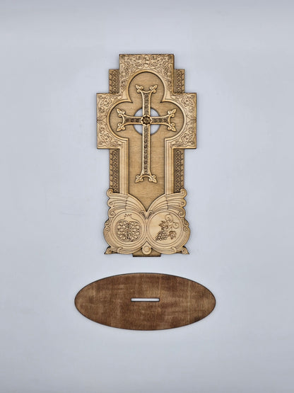 Handcrafted Armenian Wooden Khachkar Cross – Intricate Laser-Engraved Design