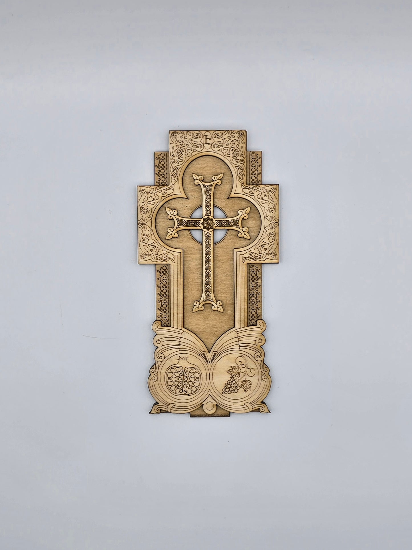 Handcrafted Armenian Wooden Khachkar Cross – Intricate Laser-Engraved Design
