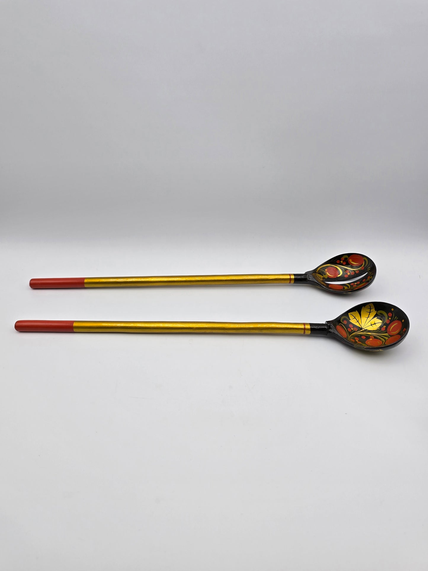 Set Of 2 Russian Folk Art Carved Painted Wood Floral Decor Spoons 1970's