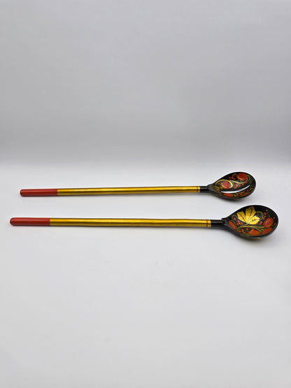 Set Of 2 Russian Folk Art Carved Painted Wood Floral Decor Spoons 1970's