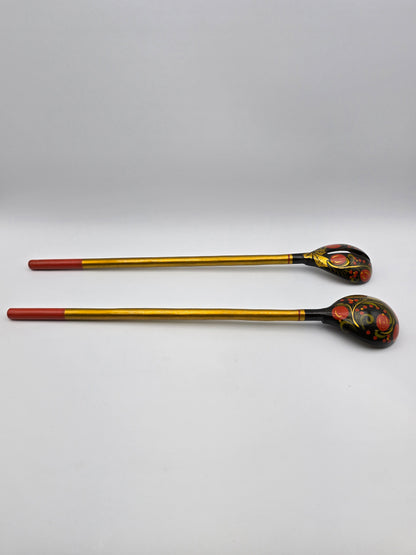 Set Of 2 Russian Folk Art Carved Painted Wood Floral Decor Spoons 1970's