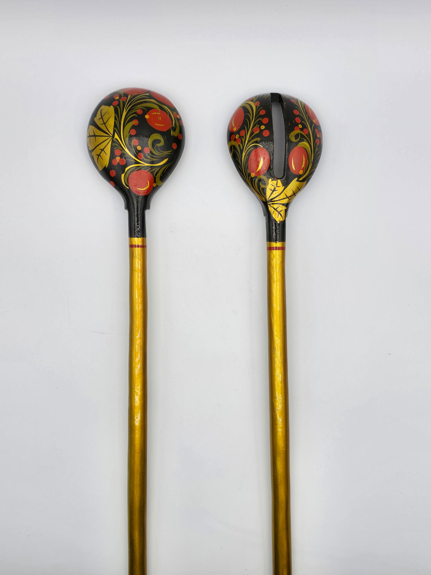 Set Of 2 Russian Folk Art Carved Painted Wood Floral Decor Spoons 1970's