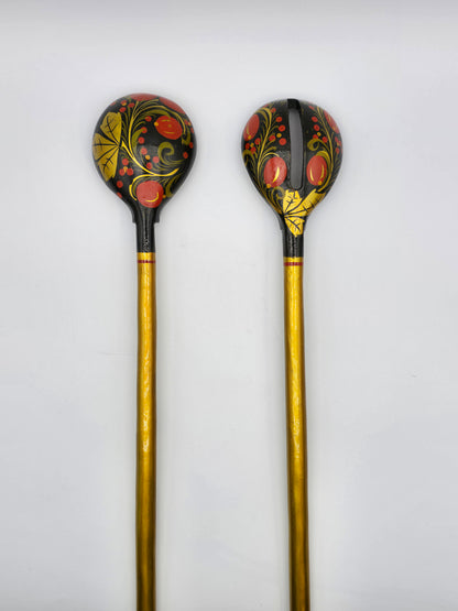 Set Of 2 Russian Folk Art Carved Painted Wood Floral Decor Spoons 1970's