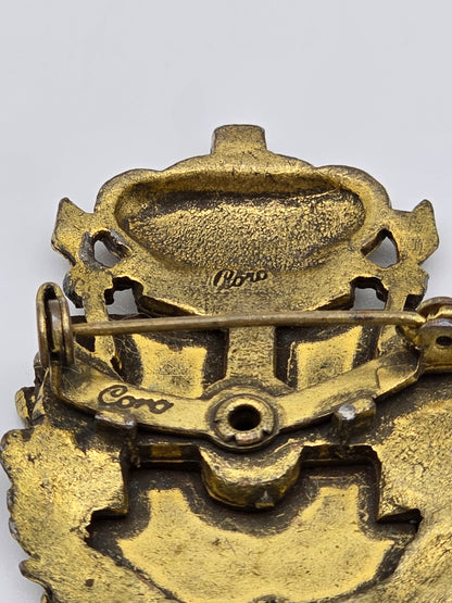 Vintage Brooch Pin Heraldic Griffin Christian Cross Maltese Crest Blue Enamel Brass