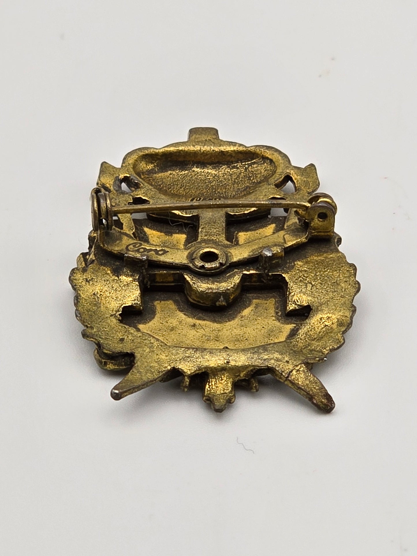 Vintage Brooch Pin Heraldic Griffin Christian Cross Maltese Crest Blue Enamel Brass