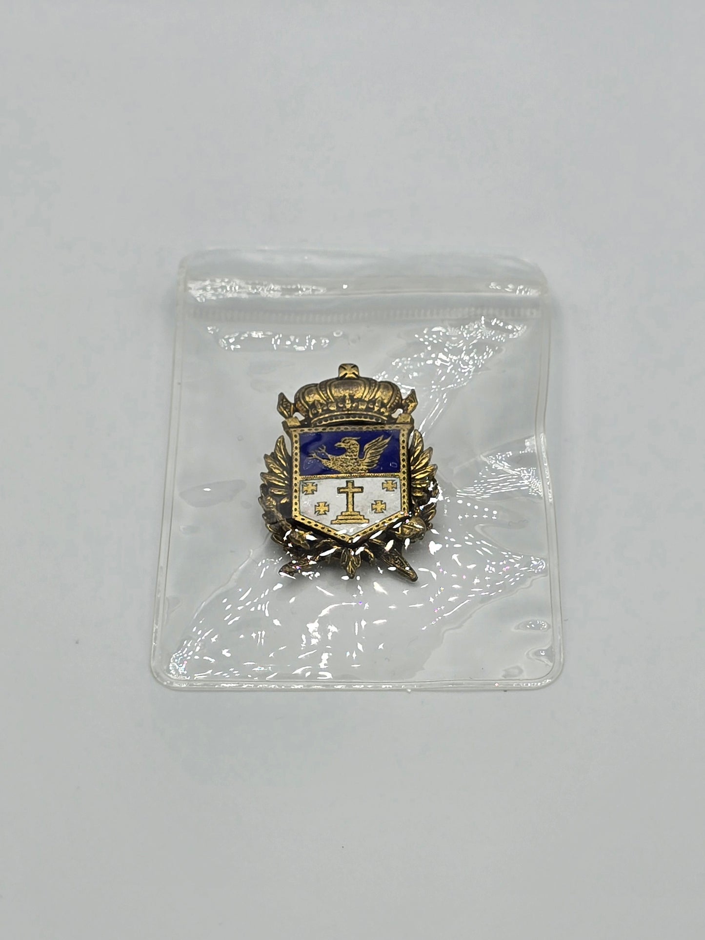 Vintage Brooch Pin Heraldic Griffin Christian Cross Maltese Crest Blue Enamel Brass