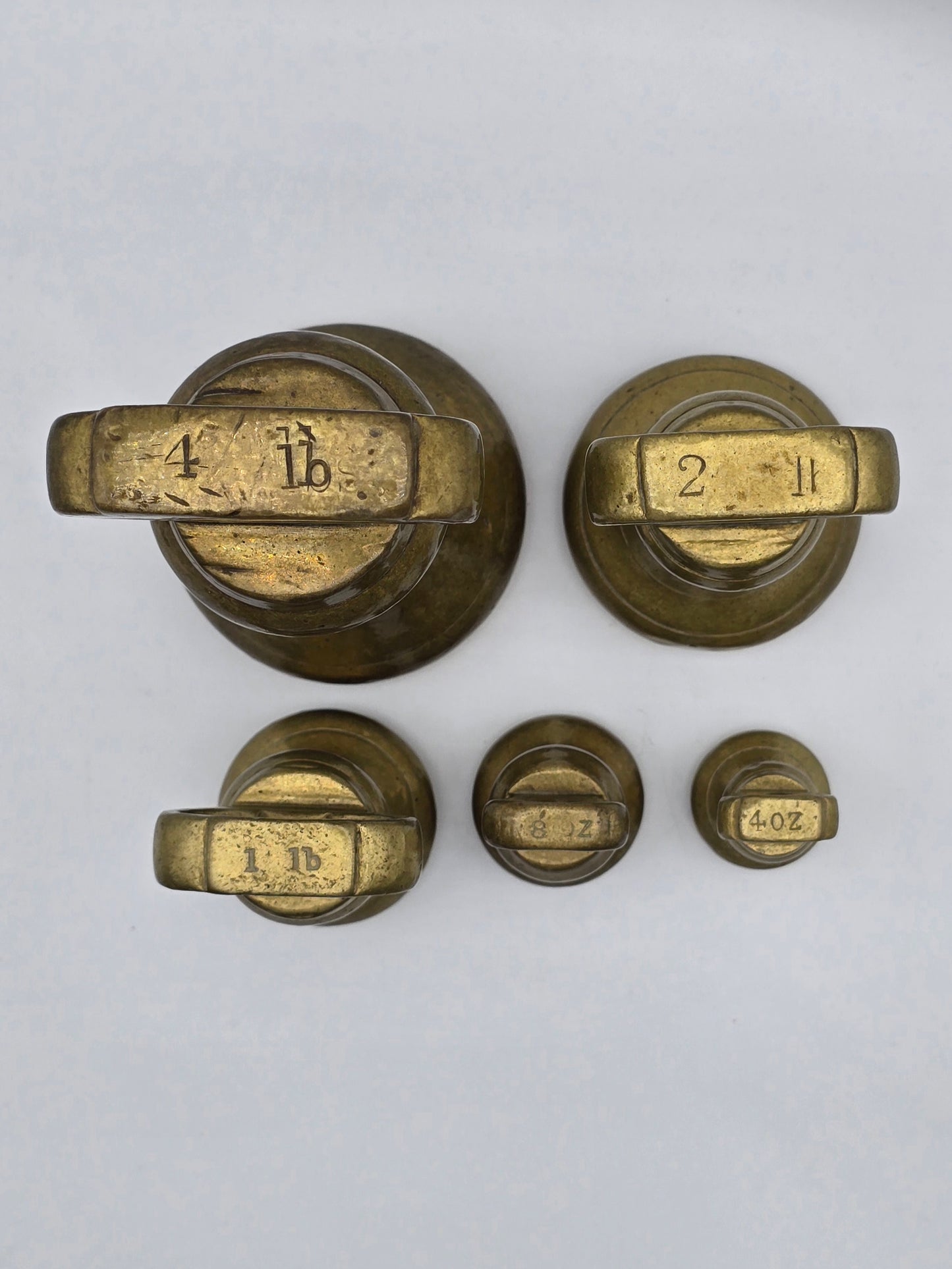Set of 5 Antique GR Brass Bell Shaped Scale Weights: 4 lb, 2 lb, 1 lb, 8oz & 4oz