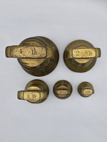 Set of 5 Antique GR Brass Bell Shaped Scale Weights: 4 lb, 2 lb, 1 lb, 8oz & 4oz