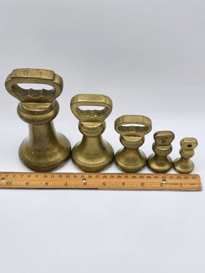 Set of 5 Antique GR Brass Bell Shaped Scale Weights: 4 lb, 2 lb, 1 lb, 8oz & 4oz