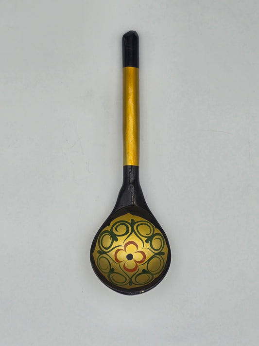 Vintage and Unused Russian Khokhloma Craft Painted Laquered Wood Ladle Spoon 7.25" Folk Art Floral Design