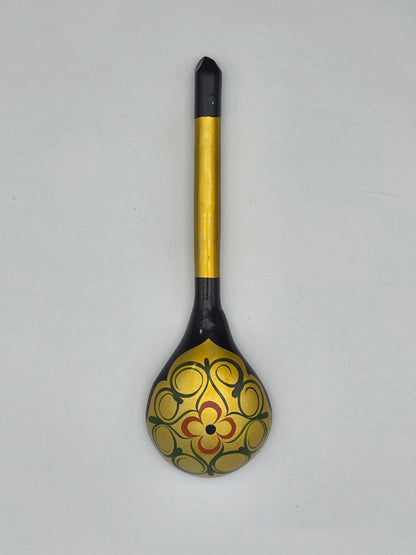 Vintage and Unused Russian Khokhloma Craft Painted Laquered Wood Ladle Spoon 7.25" Folk Art Floral Design